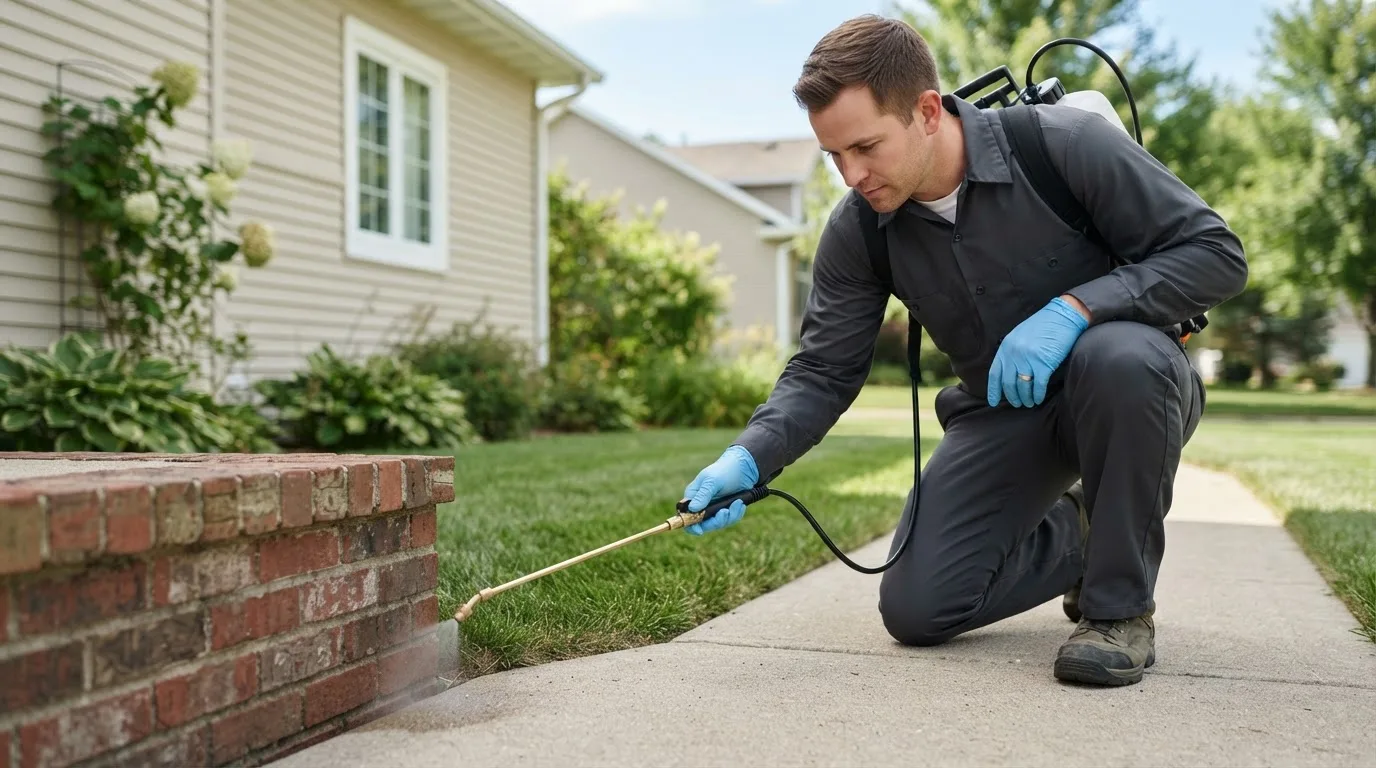 Pest control technician treating a home near Angela, MT