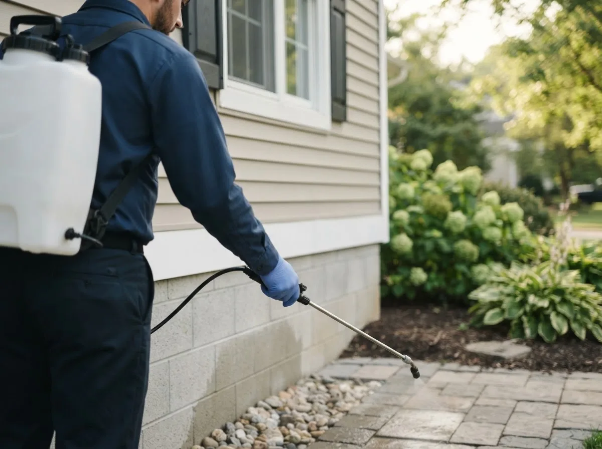 Pest control technician inspecting a home in Angela, MT